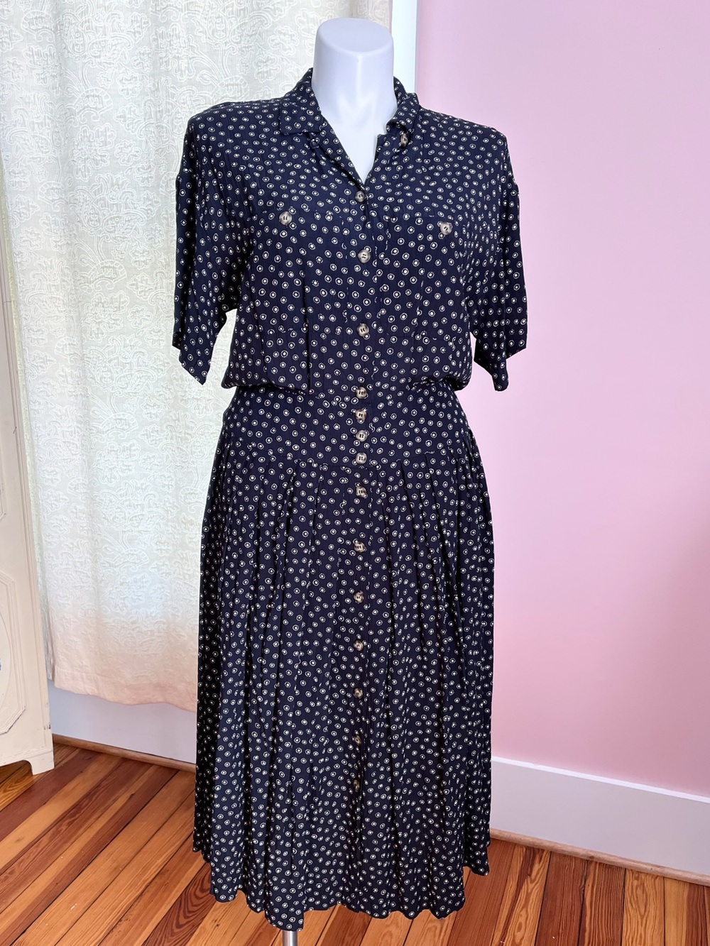 90s Liz Claiborne Rayon Navy Polka dot dress